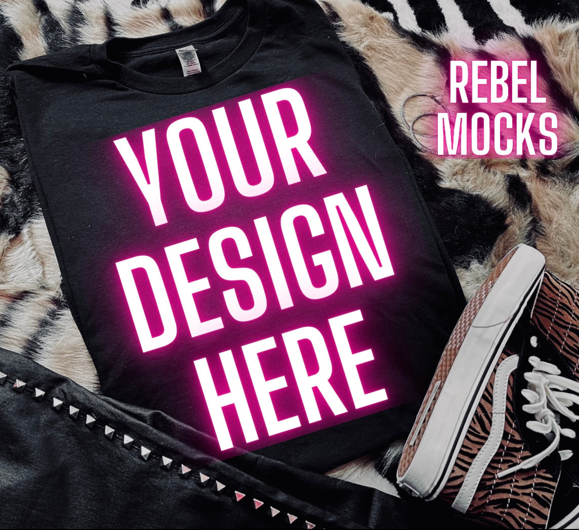 Black Tee Mock Up Trendy Grungy Edgy Vibes Flat Lay Mock Up