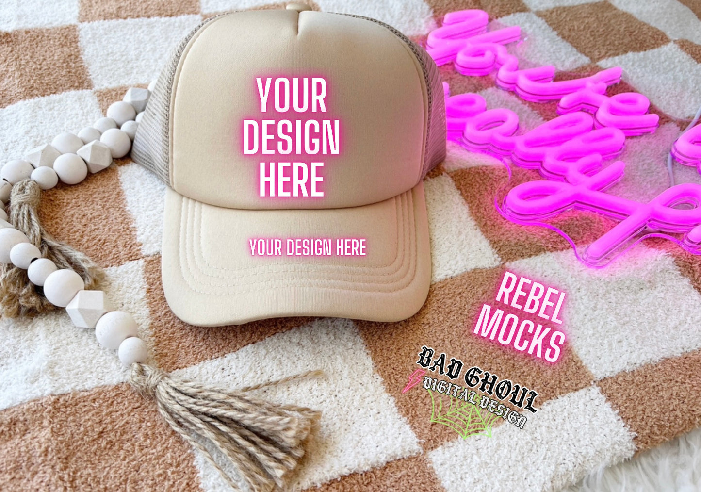 Tan Trucker Hat Flat Lay Mock Up TRENDING