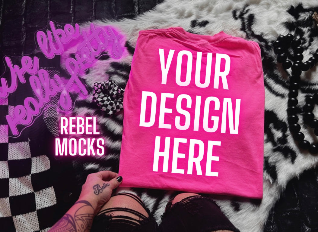 Neon Pink Bundle Tee Flat Lay Mock Up Trendy Edgy Vibes 4 mocks