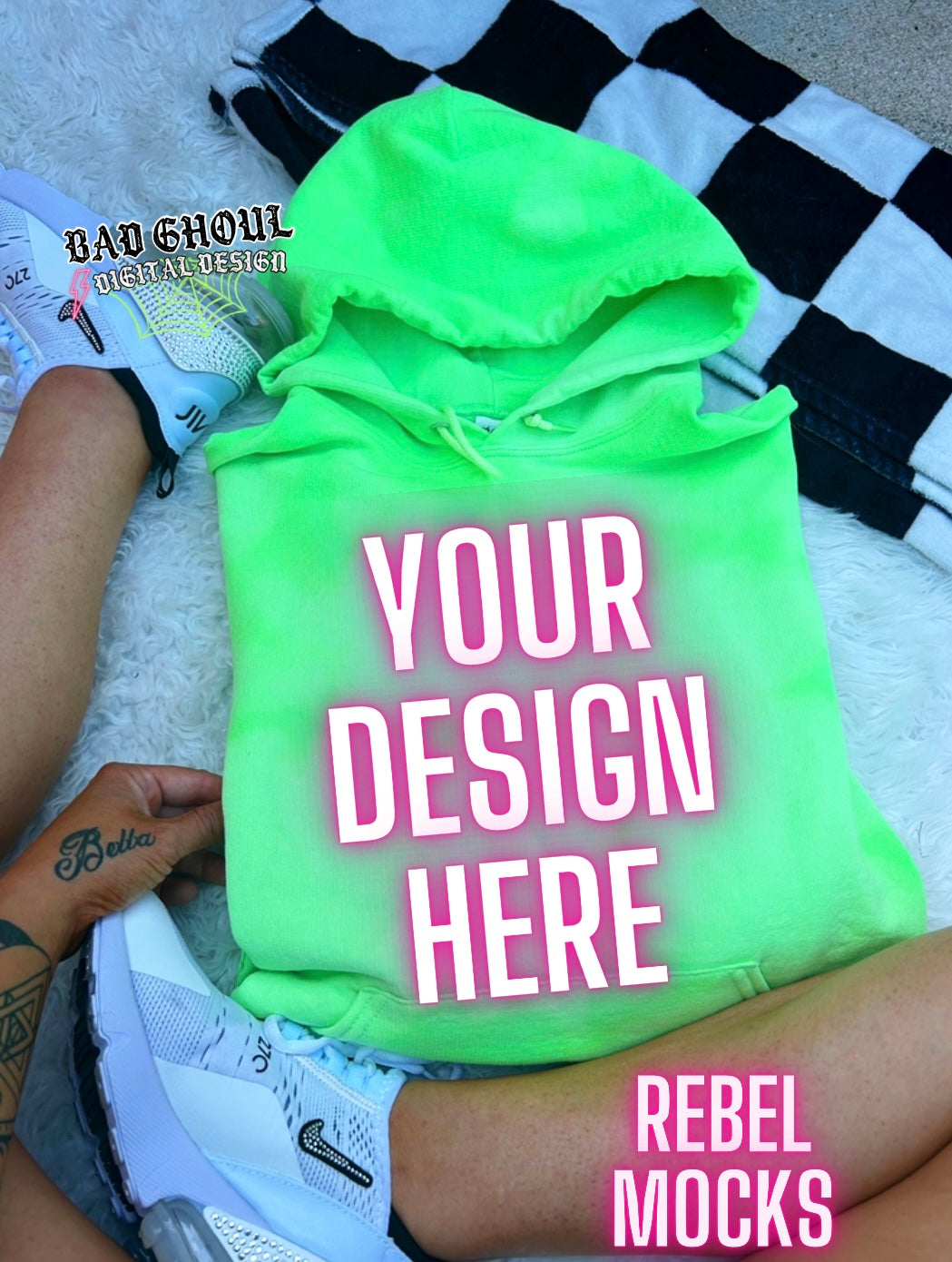 Neon Green Acid wash Hoodie Sweatshirt Flat Lay Mock Up TRENDING VIBES
