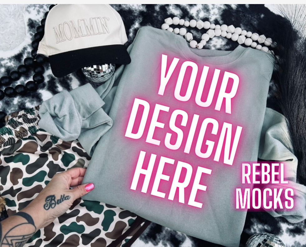 Sage Crew Neck Trendy Mock Up Flat Lay