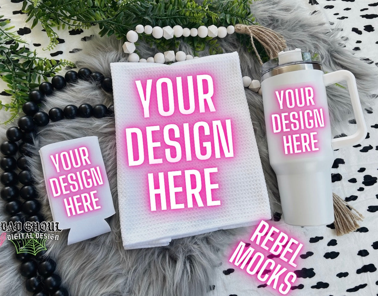 Koozie Tumbler & Tea Towel Flat Lay Mock Up Trendy Vibes