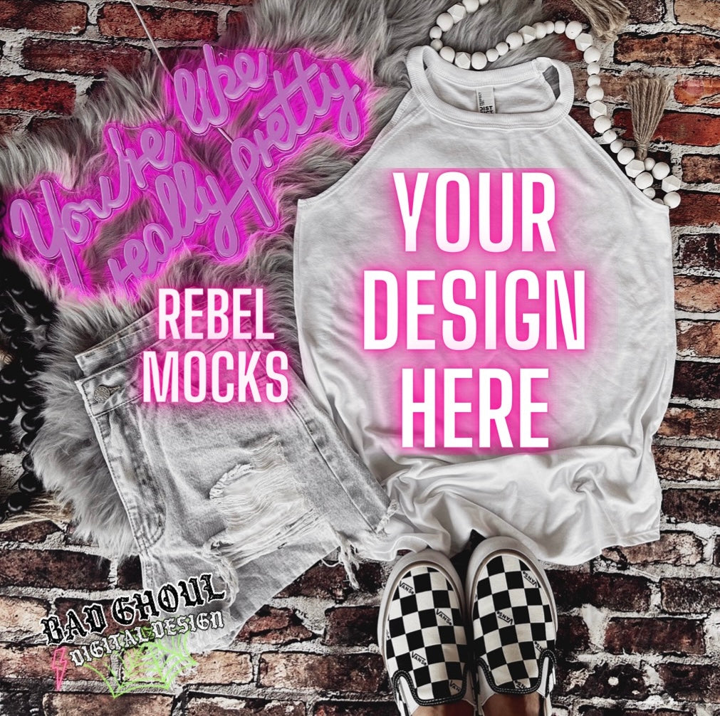 EDGY AF Vibes White Tri Rocker Tank Flat Lay Mock Up