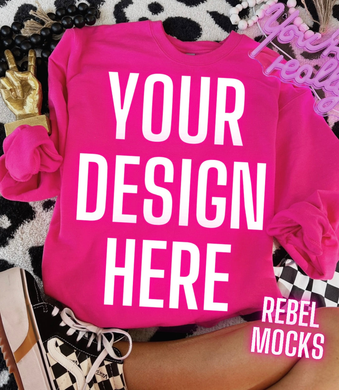 Heliconia Crew Neck Gildan Flat Lay Mock Up TRENDING Rebel Mocks