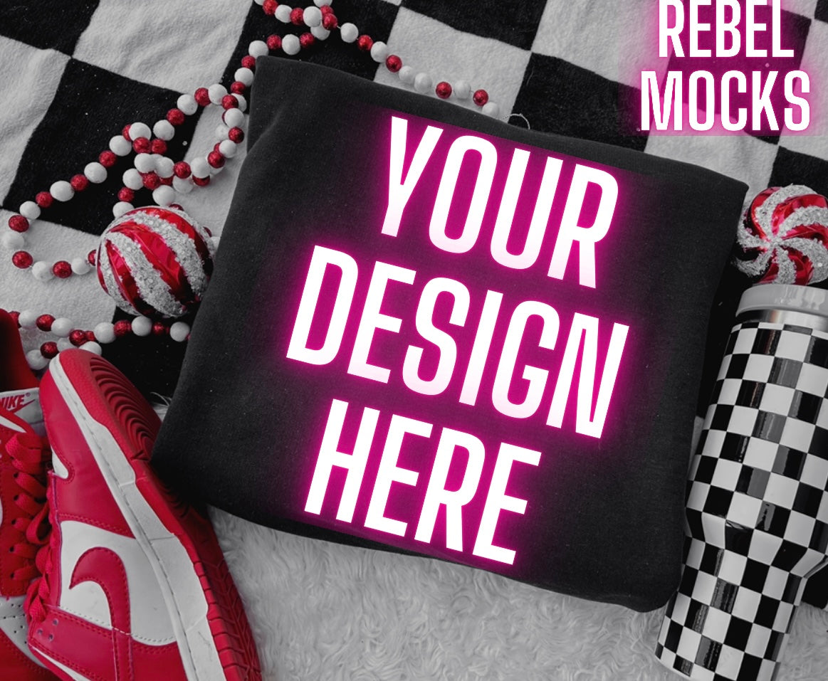 Black Crew Neck Sweatshirt Holiday Flat Lay Mock Up