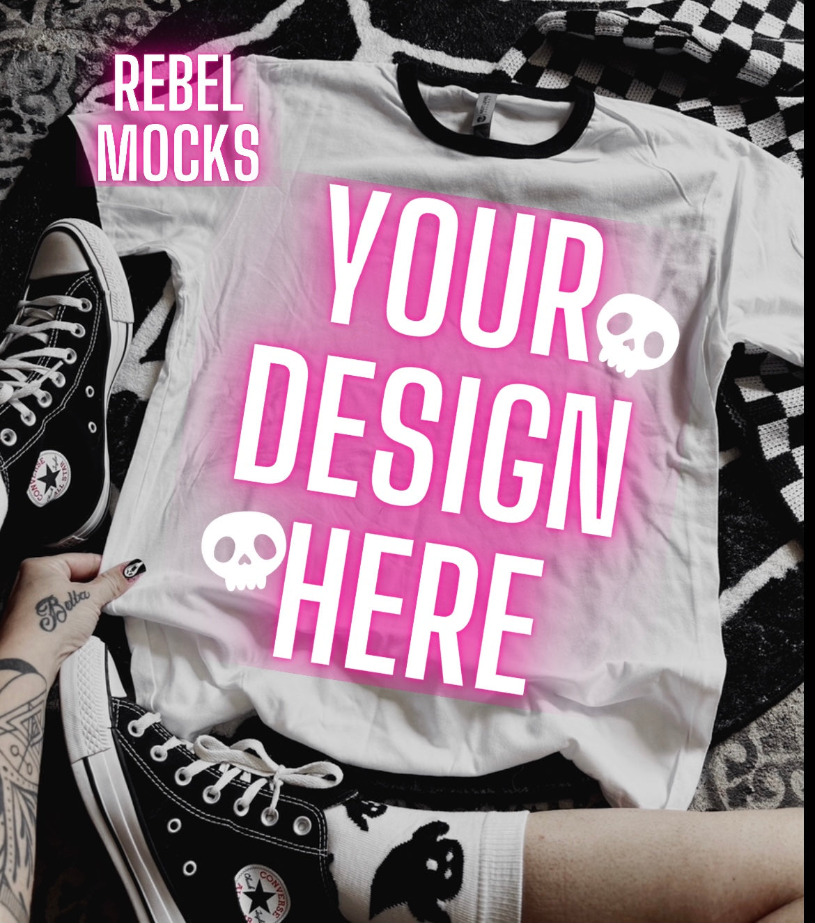 Black and White Ringer Tee Flat Lay Edgy alt Vibes Mock Up