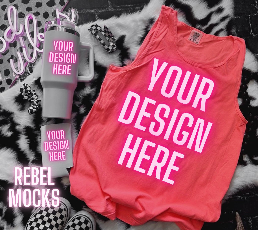 Comfort Colors Tank Neon Red Orange Mock Up flat lay Cup and Koozie