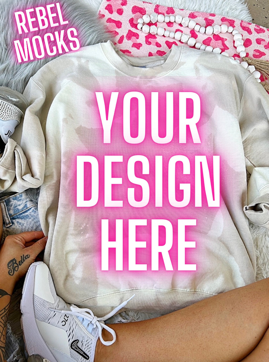 Acid Wash Sand Crewneck Sweatshirt flat lay Mock Up TRENDY Clean Vibes