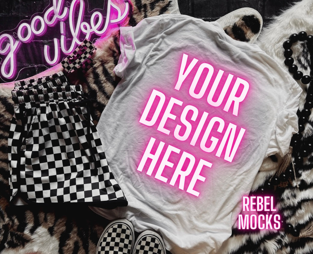 White Tee Mock Up Trendy Edgy Vibes Flat Lay 2 mocks front and back