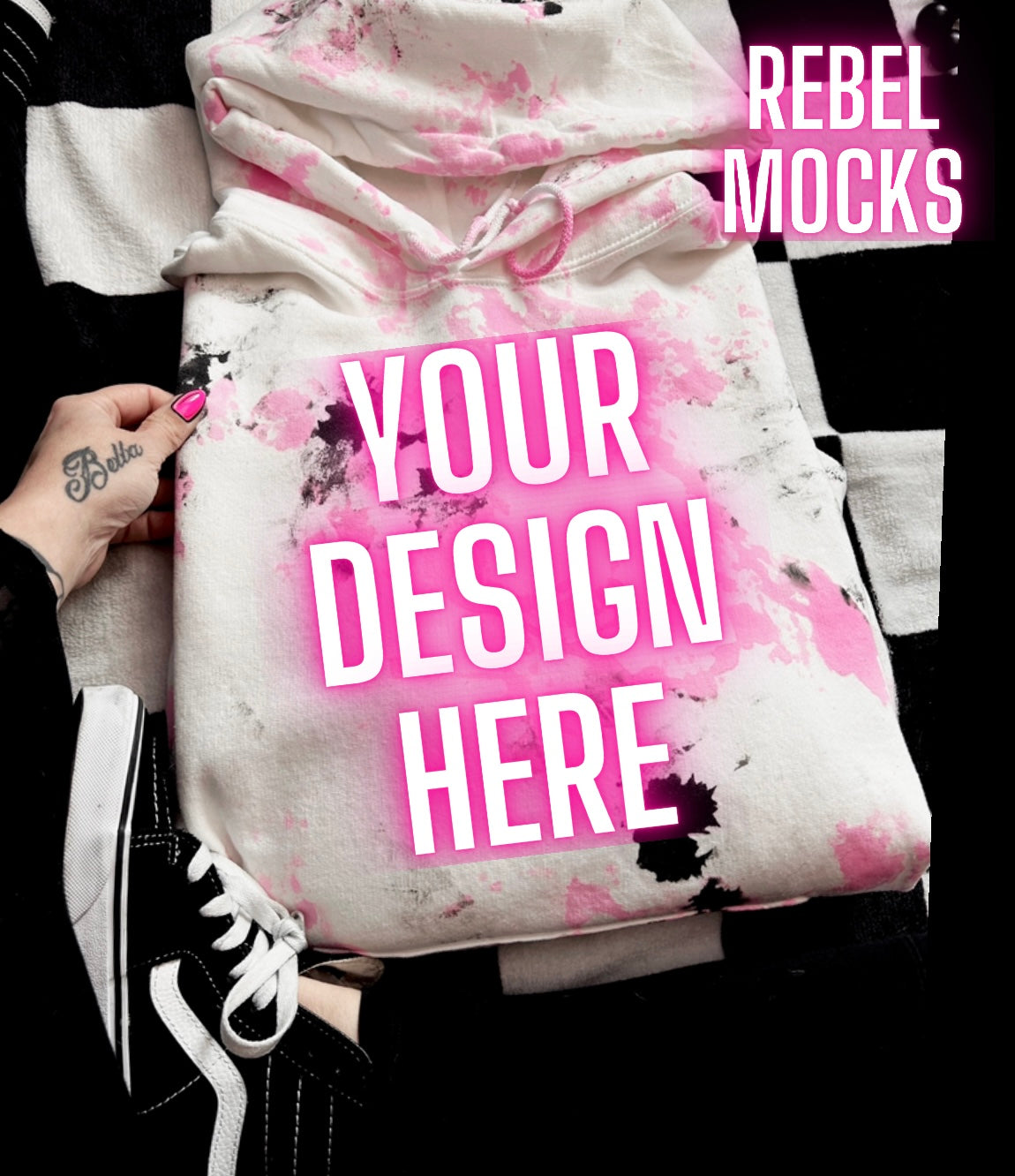 Black and Pink Scrunch White hoodie Sweatshirt Flat Lay Mock Up TRENDING