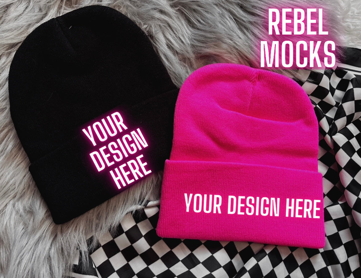Black and Hot Pink Beanie Trendy Mock Up flat Lay