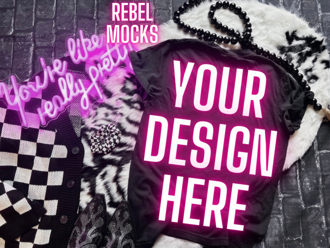 Black Tee Flat Lay Mock Up Trendy Edgy Vibes front and back 2 mocks