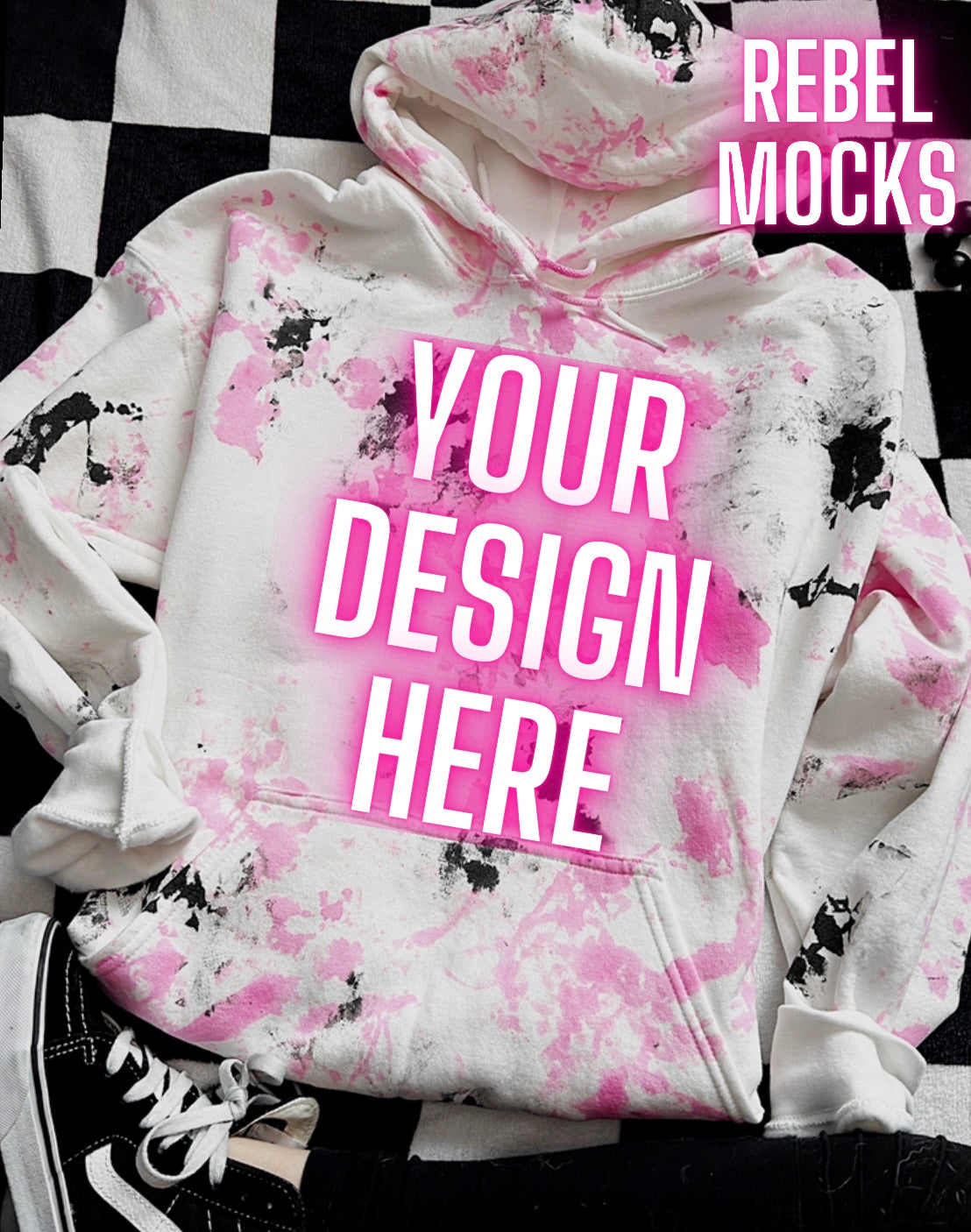 Black and Pink Scrunch White hoodie Sweatshirt Flat Lay Mock Up TRENDING