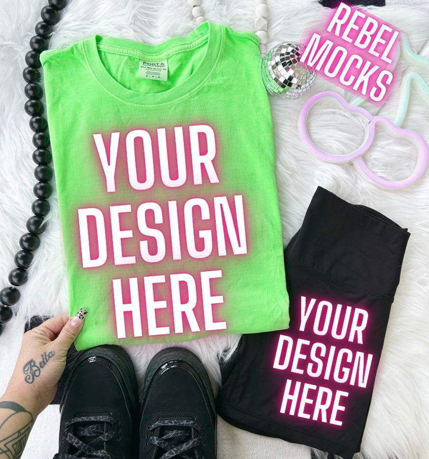 Neon Green + Biker Shorts Flat Lay Trending Mock Up Flat Lay