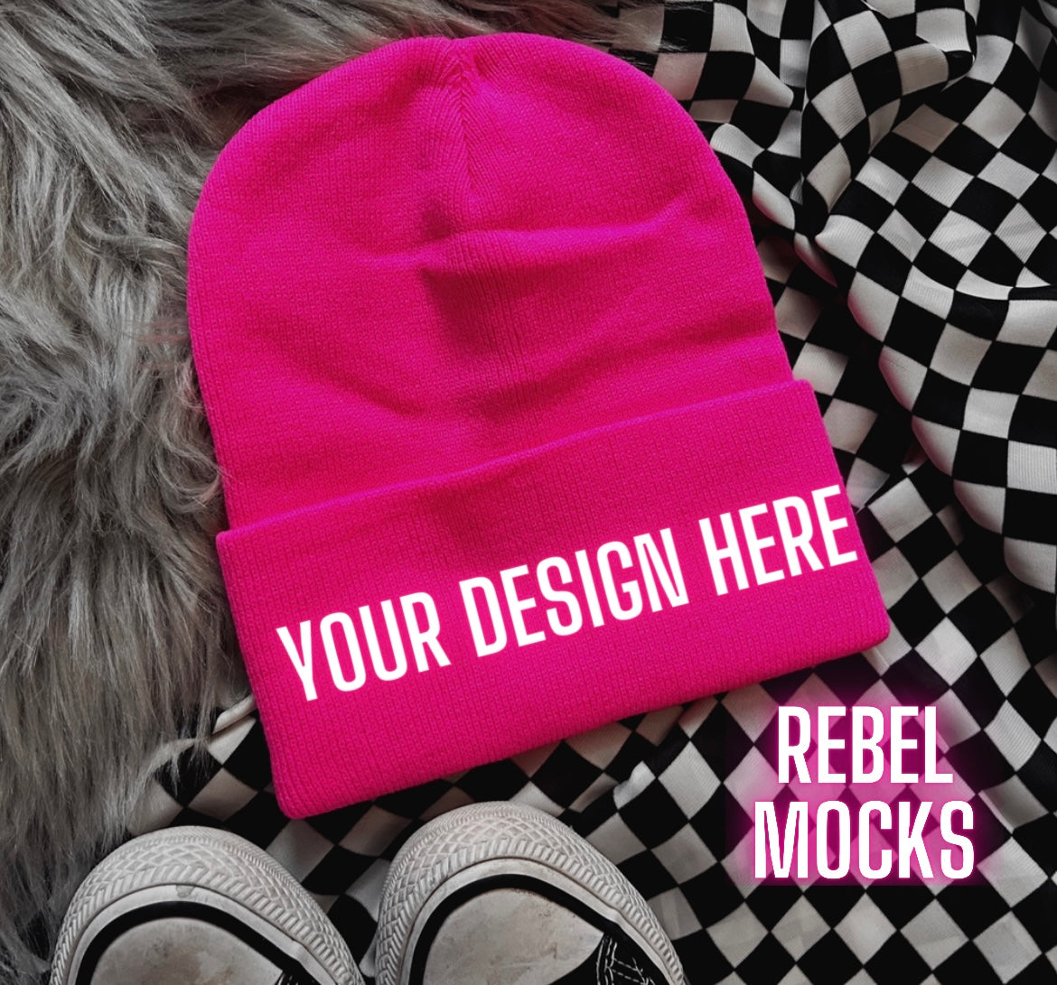 Hot Pink Beanie Trendy Mock Up flat Lay