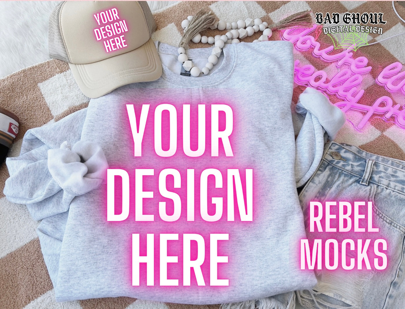 Ash Crew Neck Sweatshirt and Hat Mock Up TRENDING