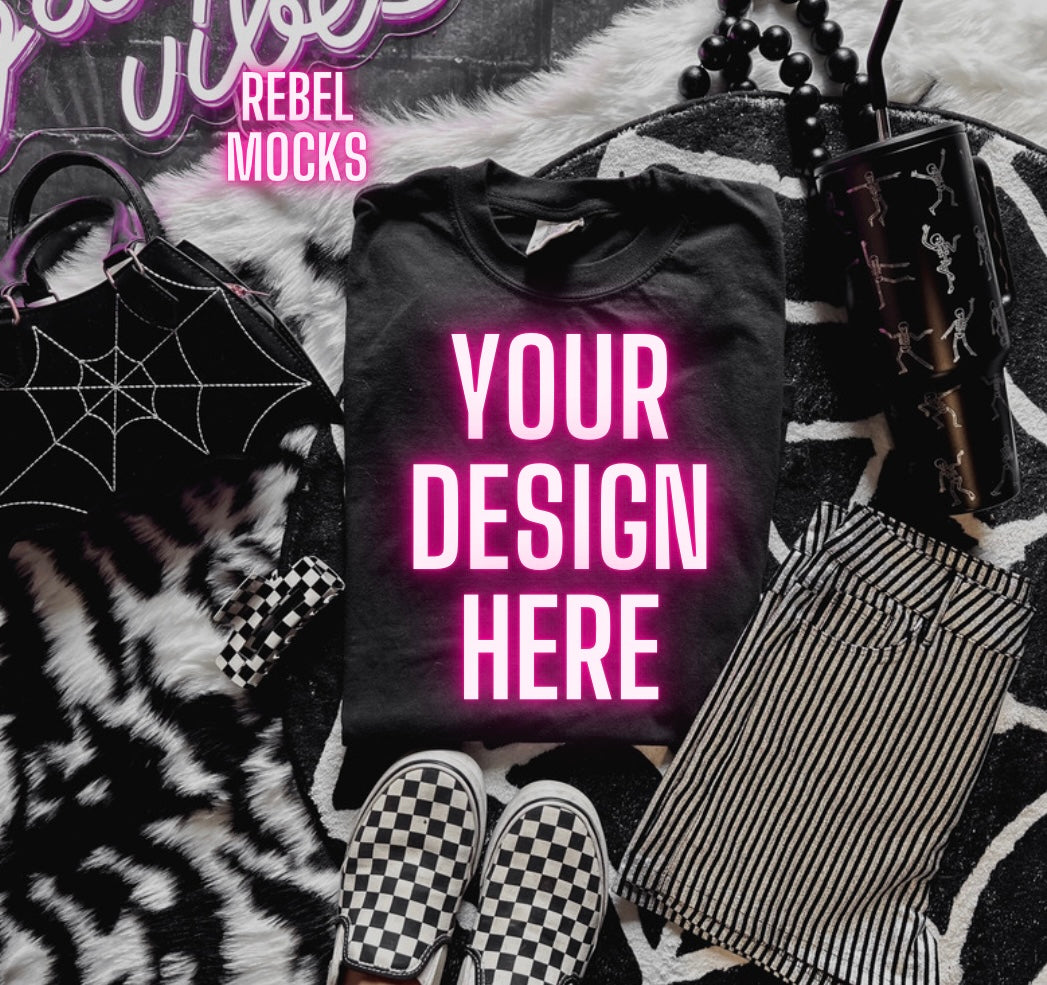 Black Tee and Shorts Mock Up Trendy Edgy Vibes Flat Lay 2 mocks