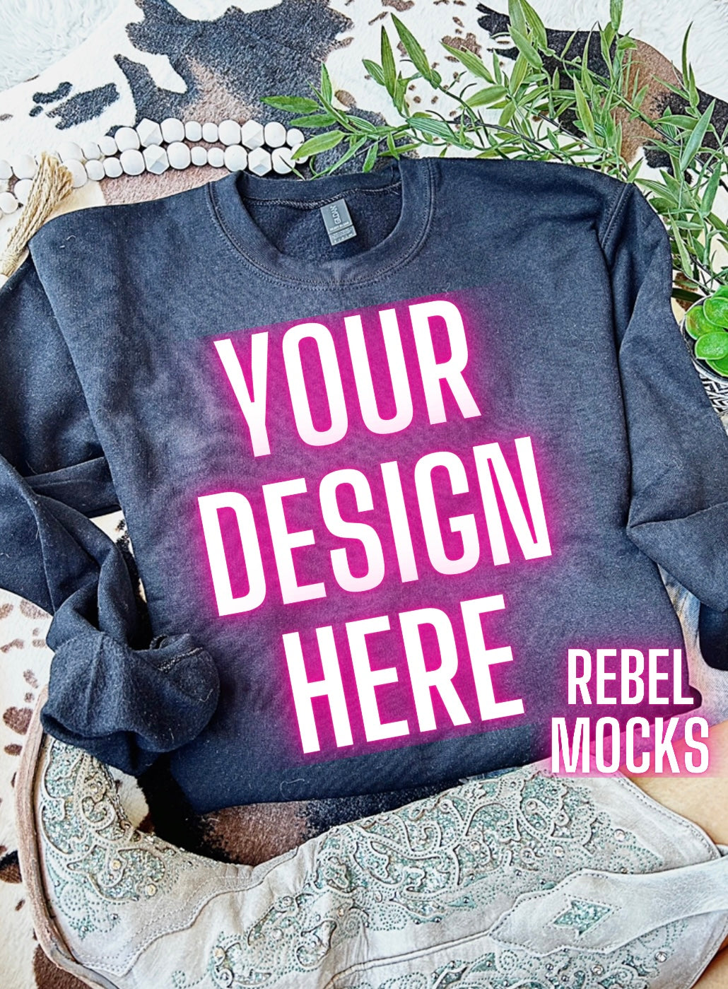 Western Vibes Black Crewneck Sweatshirt Flat Lay Mock UP