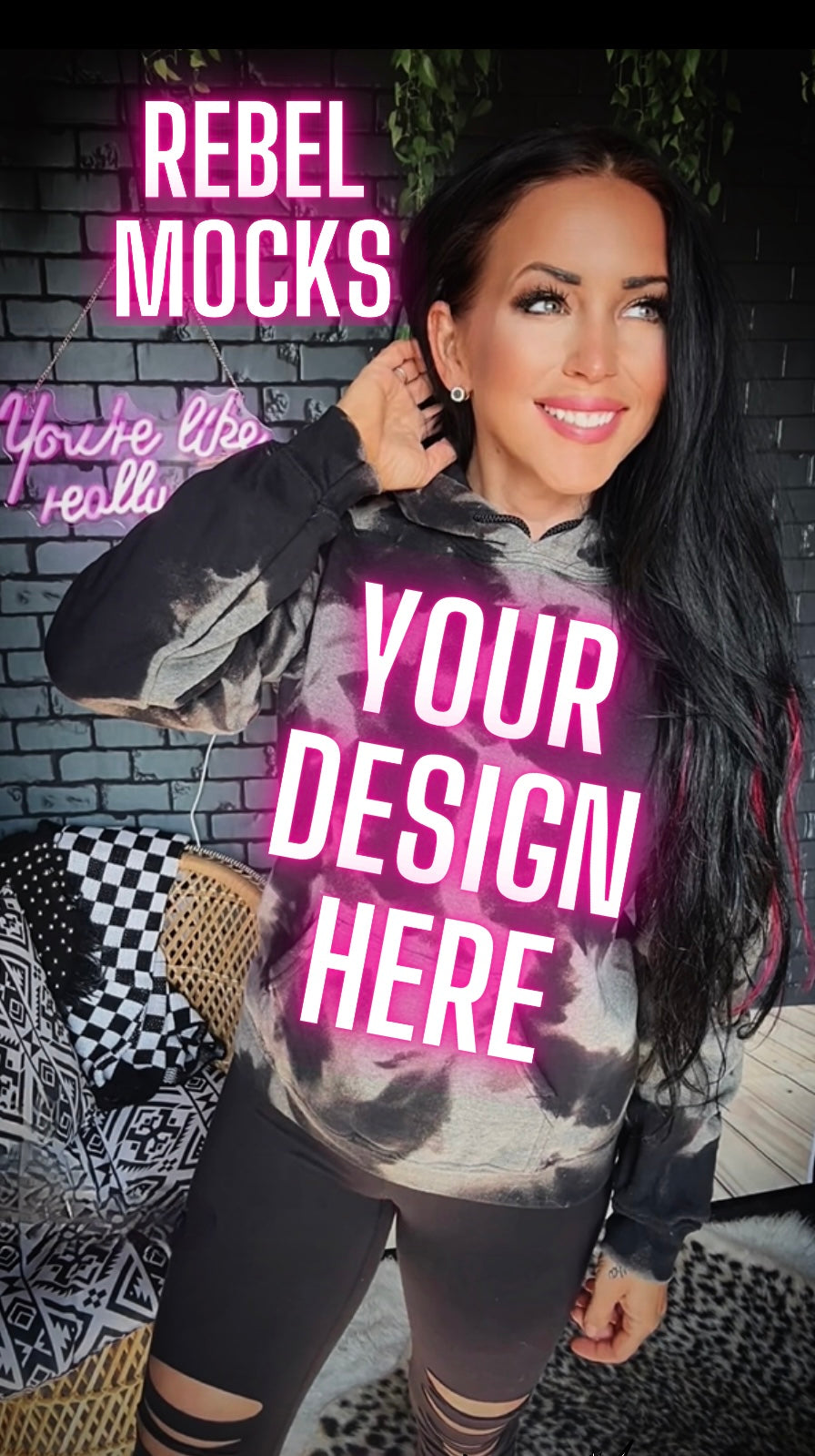 Black Acid Wash Hoodie IRL Model Mock Up TRENDING VIBES