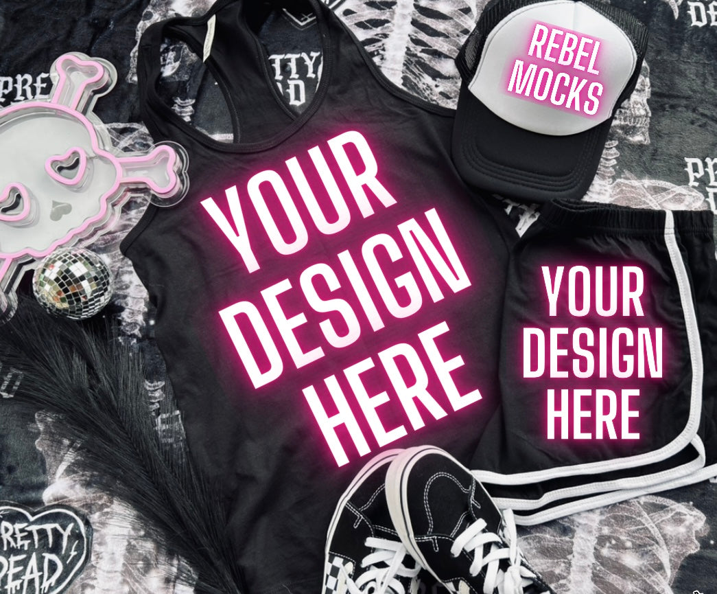 Alt Set Black Tank Hat Shorts Trending Alternative Flat Lay Mockup