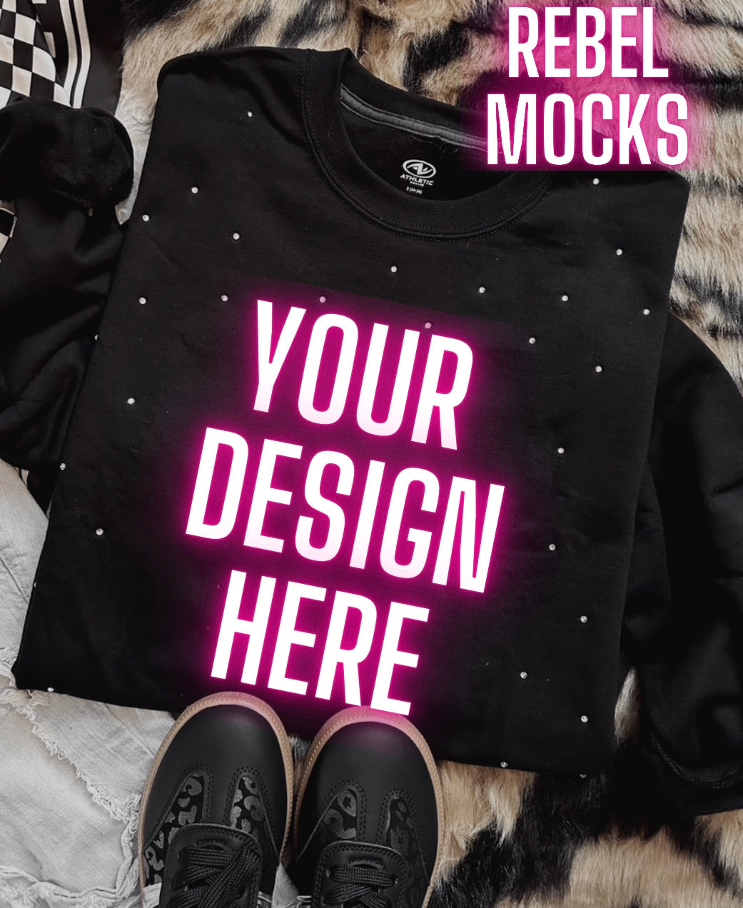 Rhinestone BLING Black Crew Sweatshirt Flat Lay Mock Up