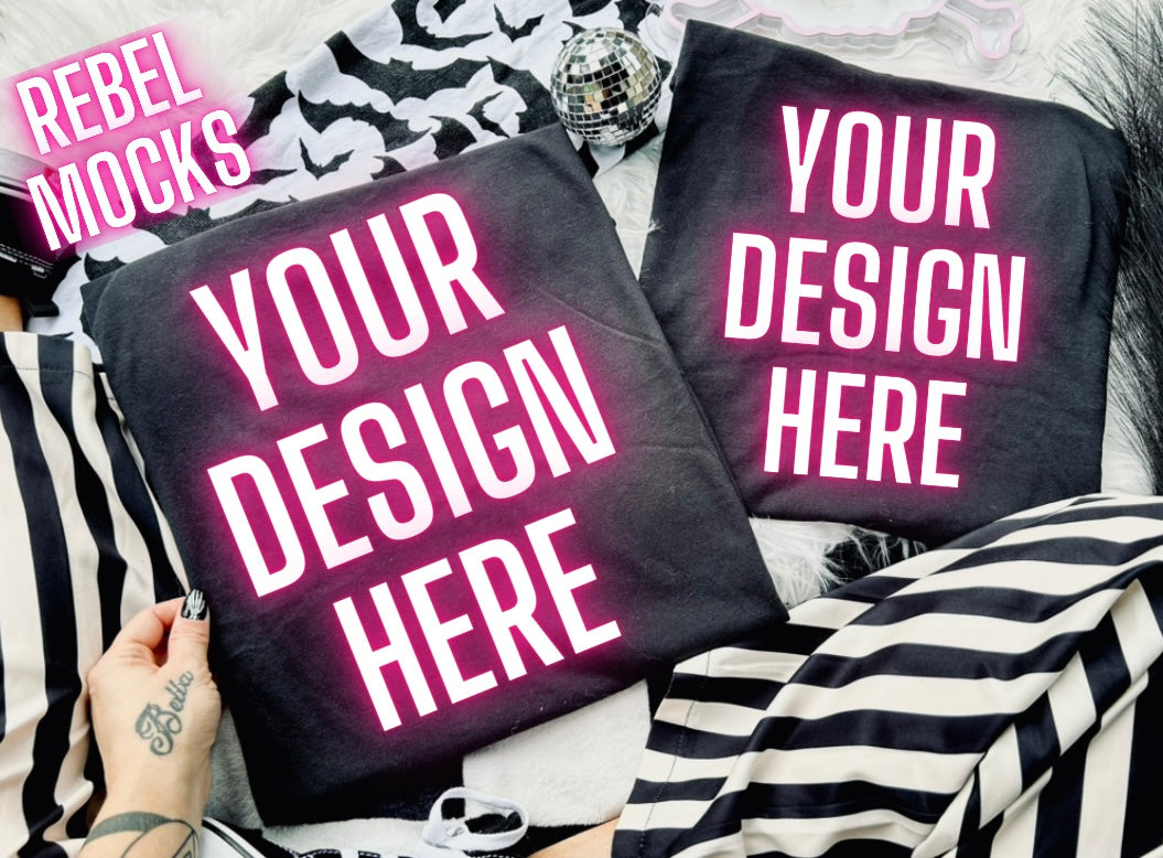 Black Tee Double or front and back Trending Alternative Flat Lay Mockup