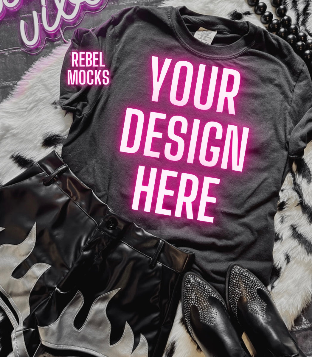 Black Tee and Shorts Mock Up Trendy Edgy Vibes Flat Lay 2 mocks
