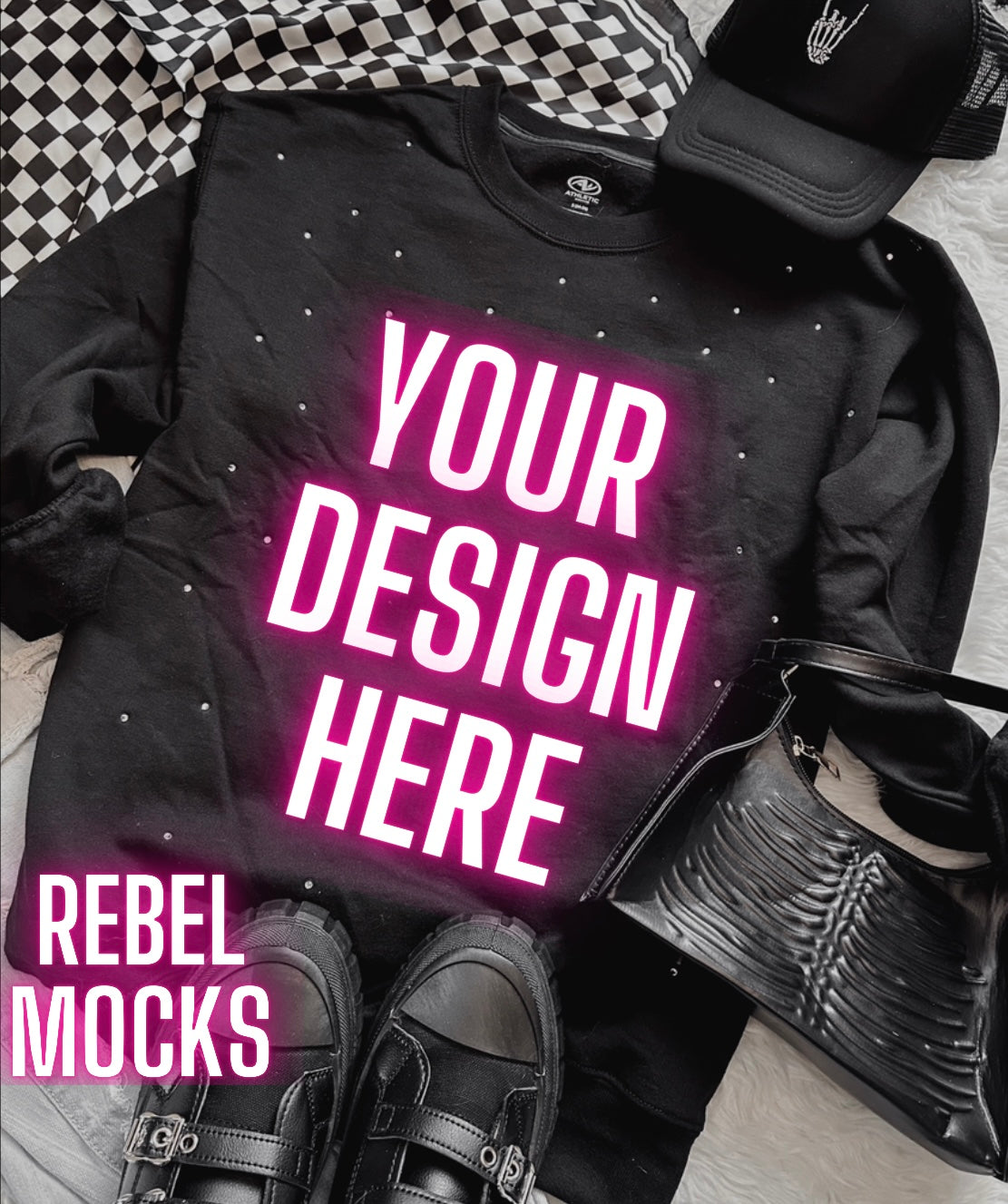 Rhinestone BLING Black Crew Sweatshirt Flat Lay Mock Up