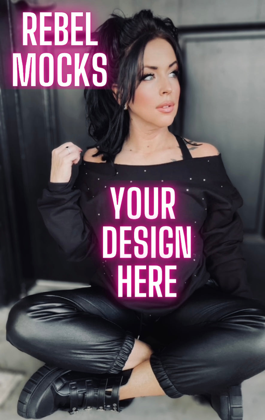 Rhinestone BLING Off Shoulder Black Crew Sweatshirt Model Mock Up