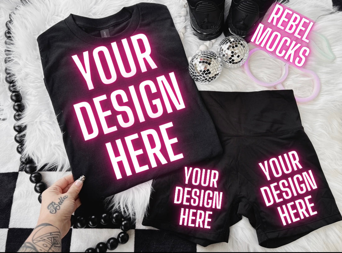 Black + Biker Shorts Flat Lay Trending Mock Up Flat Lay