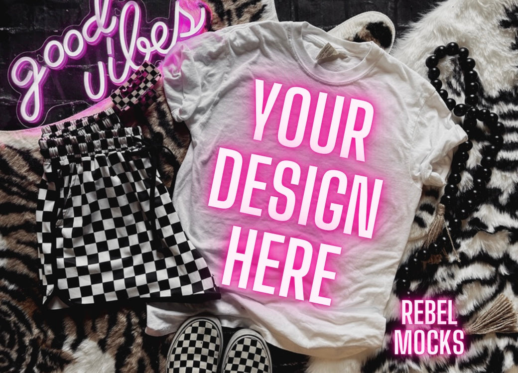 White Tee Mock Up Trendy Edgy Vibes Flat Lay 2 mocks front and back