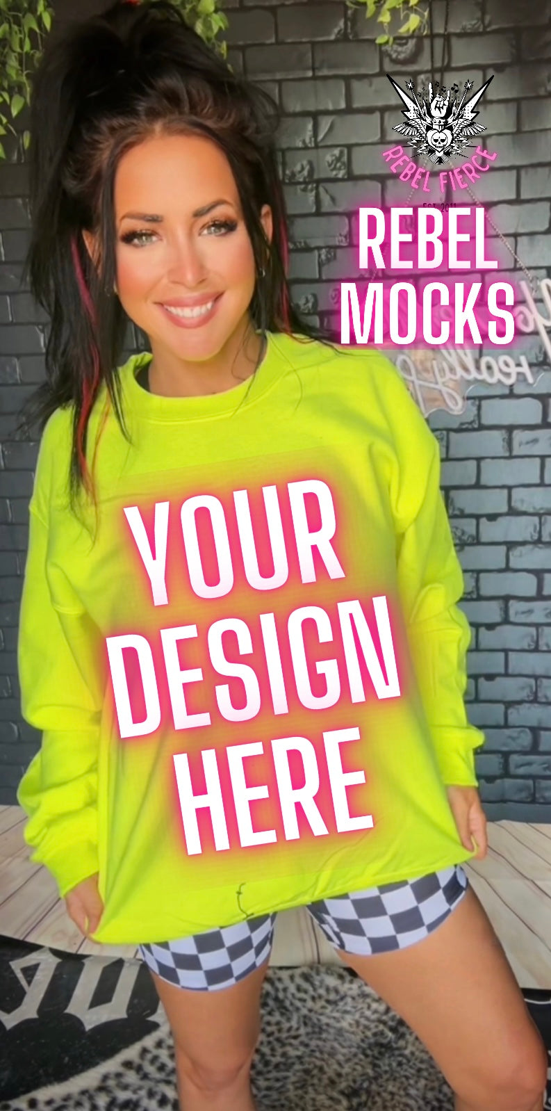 Safety Green Neon Yellow Crewneck Sweatshirt Model IRL Mock Up TRENDY Clean Vibes