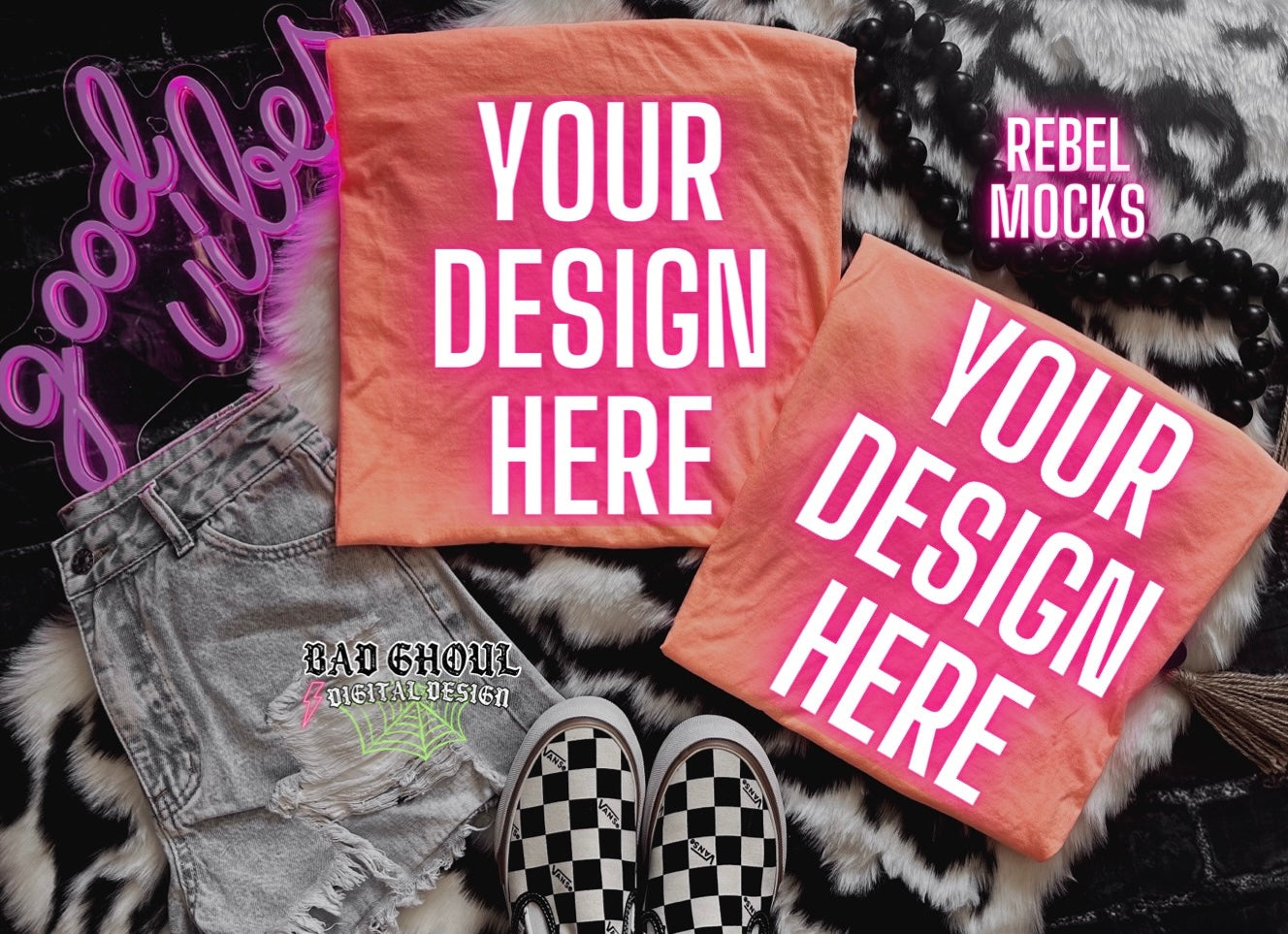 Flat Lay CC Neon Cantaloupe tee Mock Up Trendy Edgy Vibes