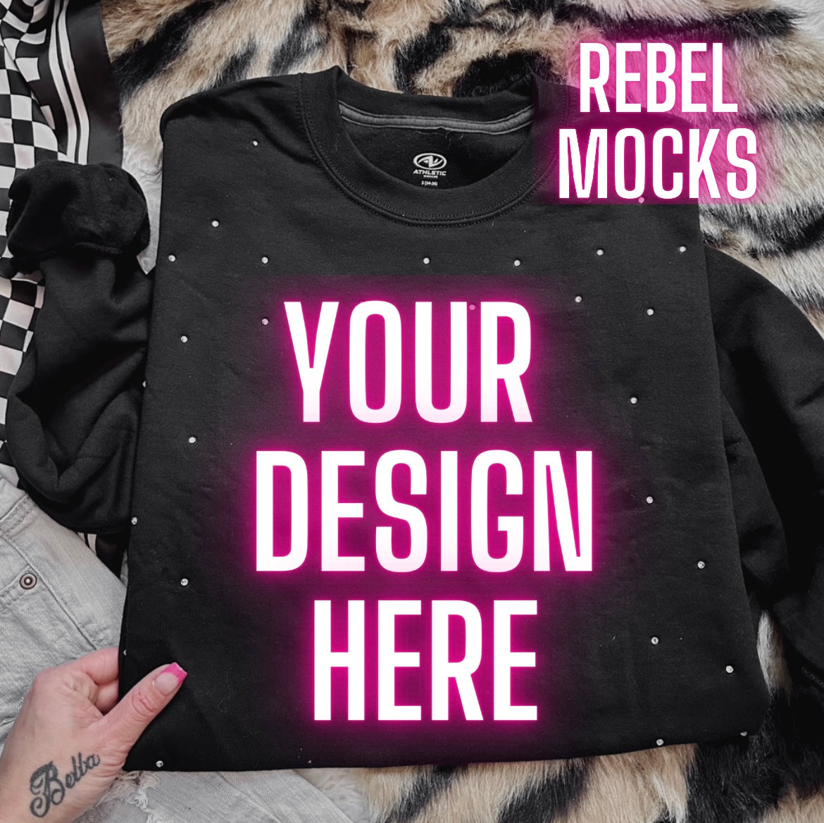 Rhinestone BLING Black Crew Sweatshirt Flat Lay Mock Up