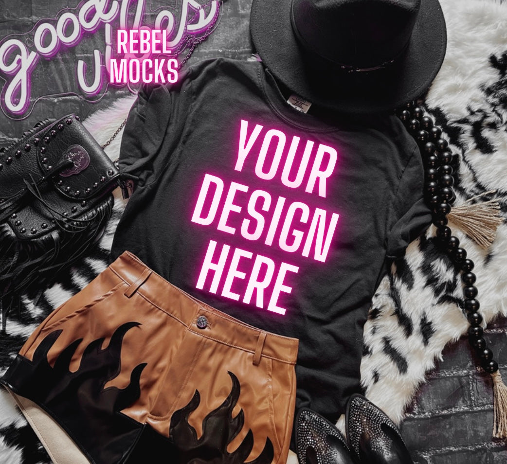Black Tee and Shorts Mock Up Trendy Edgy Vibes Flat Lay 3 mocks