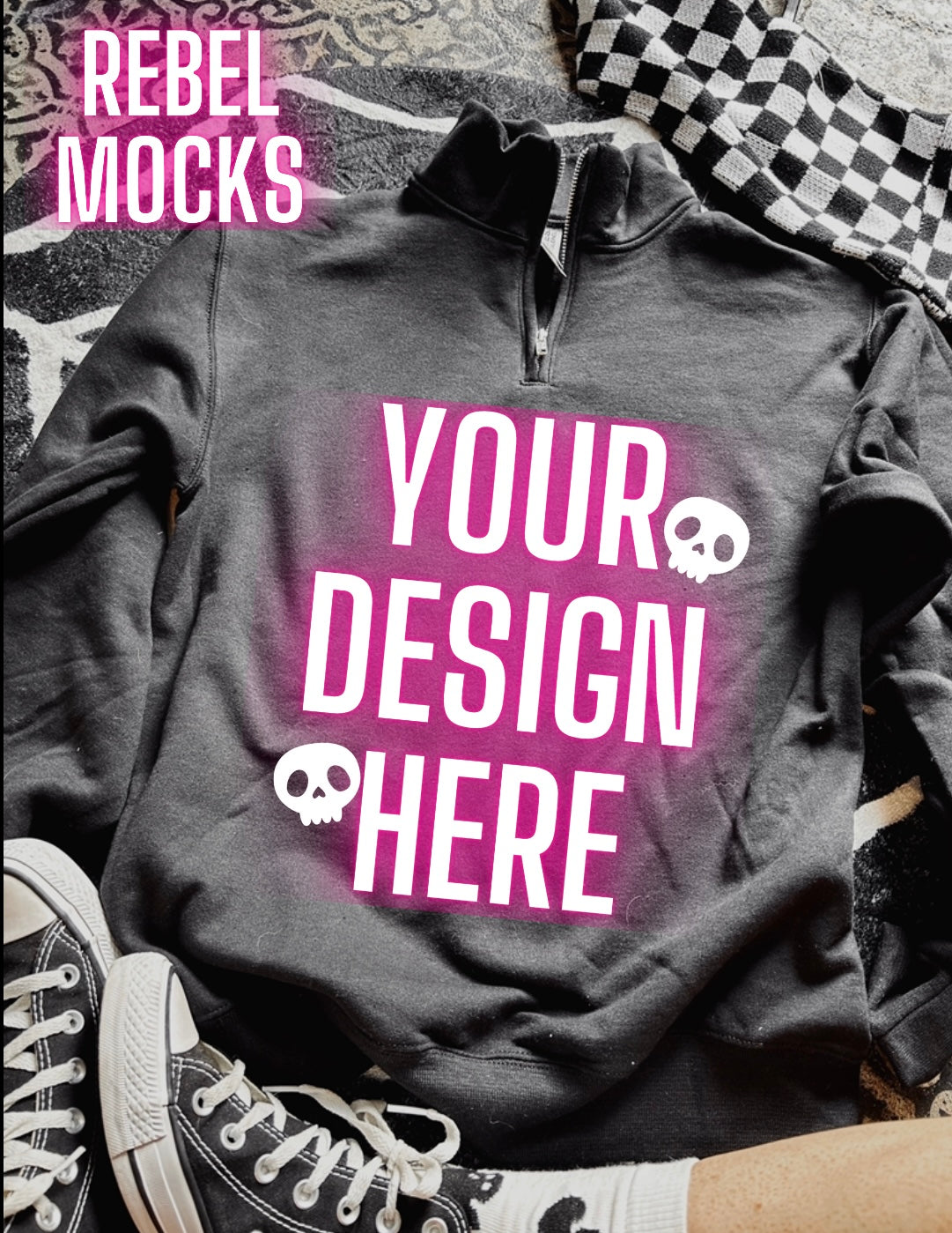 Black half zip flat lay Mock Edgy alt Vibes Mock Up