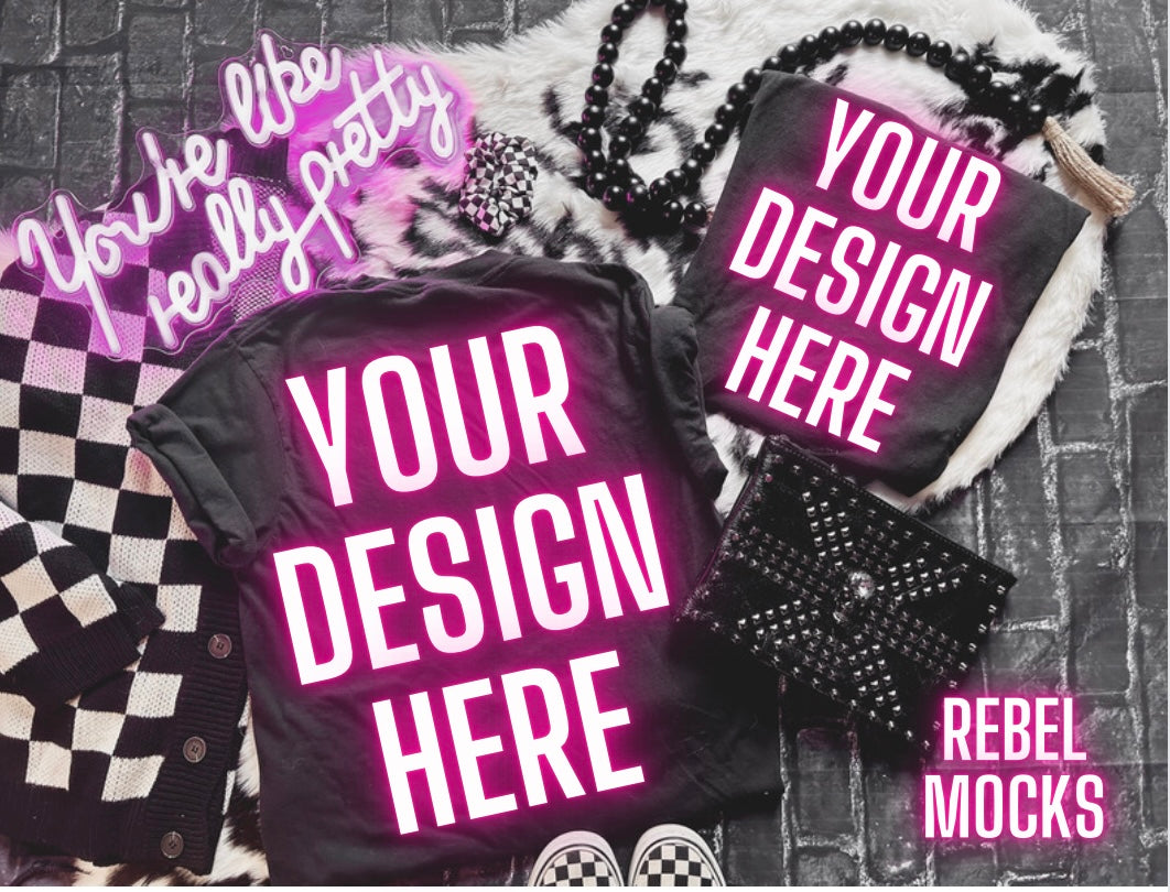 Bundle Black Flat Lay Mock Ups 11 Mocks Trendy Edgy Vibes front some fronts and backs