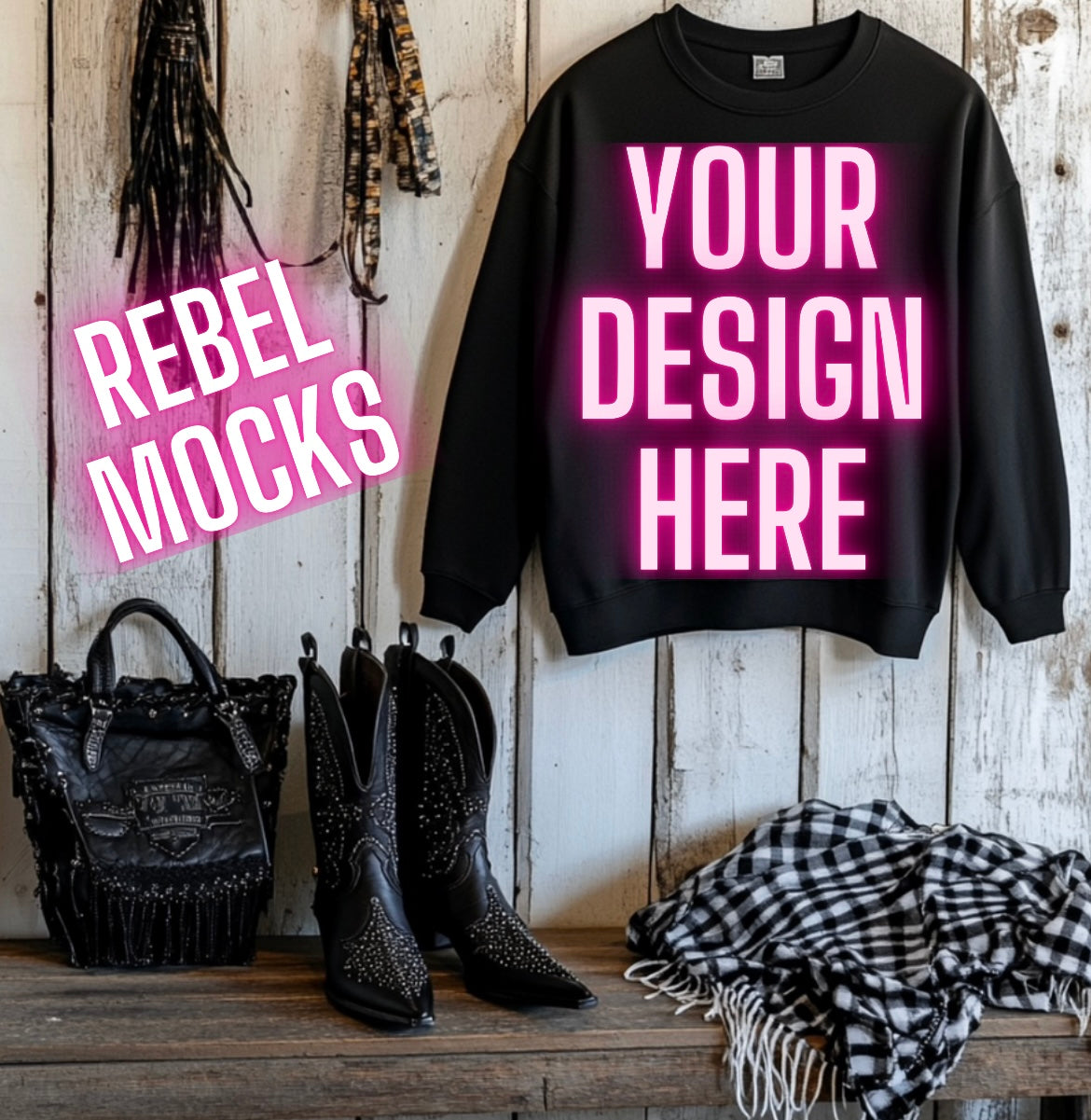 Black Crew Neck Sweatshirt Hanging Mock Up Western Grunge Alt Rock N Roll Vibes