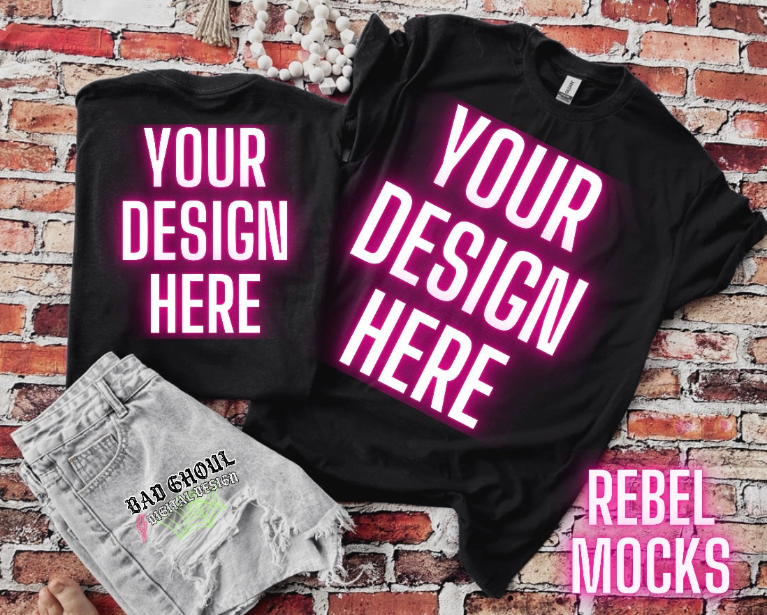 Front and Back Black Tee Flat Lay Mock Up trendy