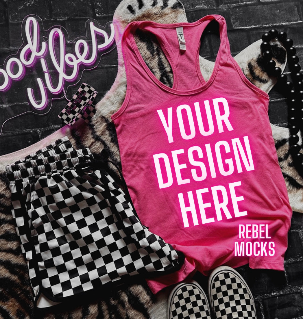 Pink Tank Mock Up Trendy Edgy Vibes Flat Lay 2 mocks