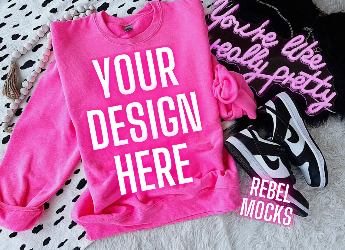 Neon Pink Crew Neck Sweatshirt Trendy flat lay Mock