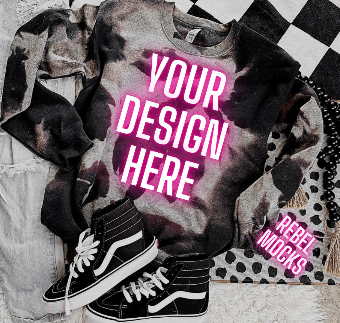 Black Acid Wash Crew Neck Sweatshirt Flat Lay Mock Up TRENDING VIBES