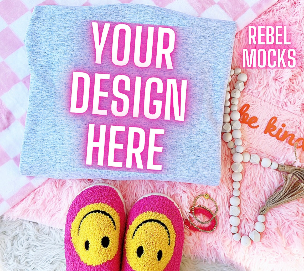 Gildan Ash Crewneck Sweatshirt Happy Vibes TRENDING Flat Lay Mock up