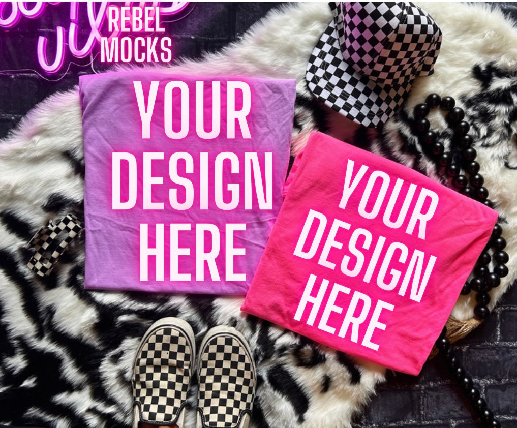 Pink & Purple Collage Tee Mock Up Trendy Edgy Vibes Flat Lay