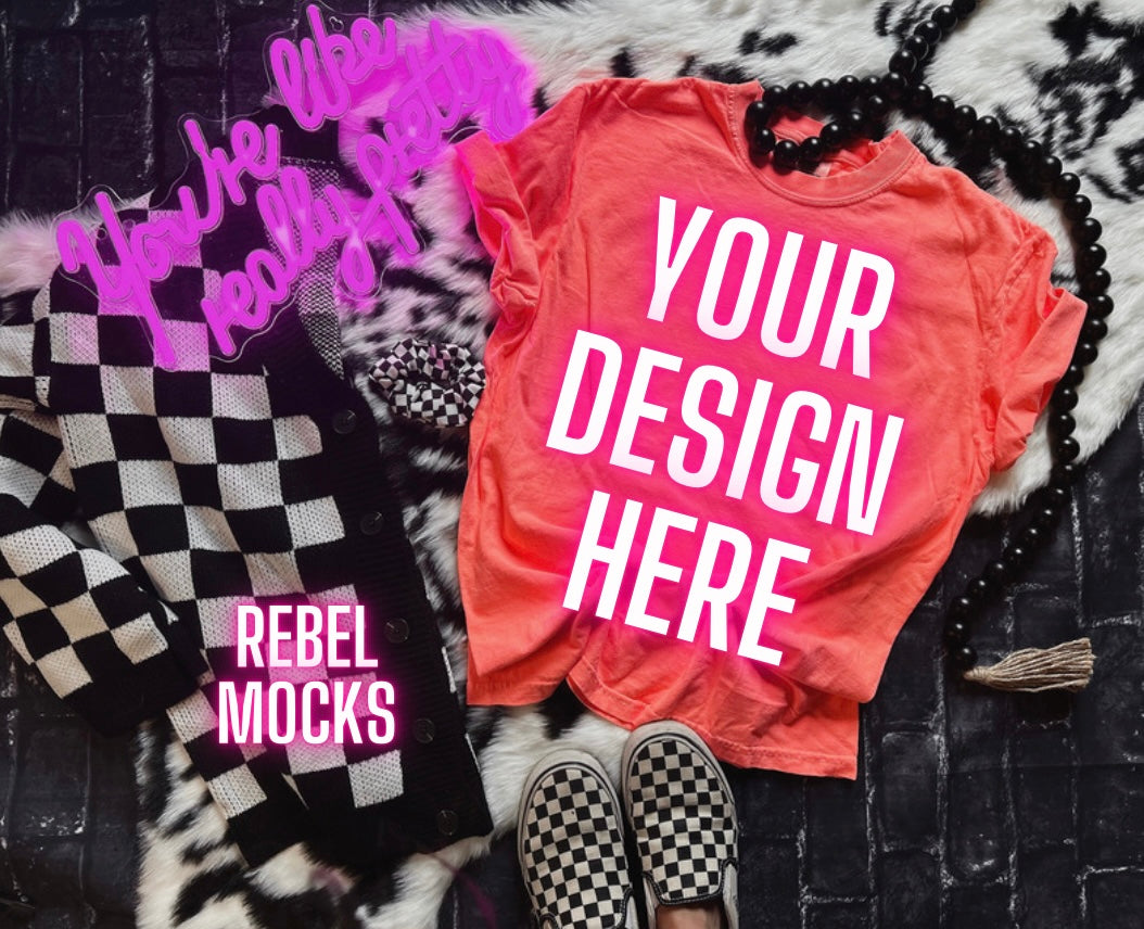 CC Neon Red Orange Flat Lay Mock Up Trendy Edgy Vibes 3 Mocks front and back