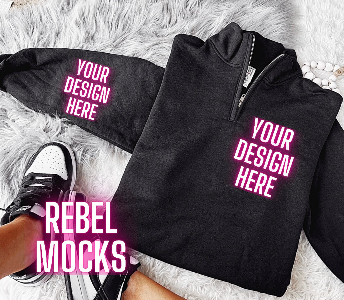 Black 1/4 Zip Up Sweatshirt Jerzees Trendy Mock Up Flat Lay