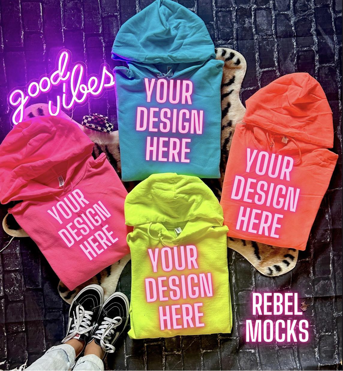 Neon Hoodies Edgy Trendy Flat Lay Mock Up