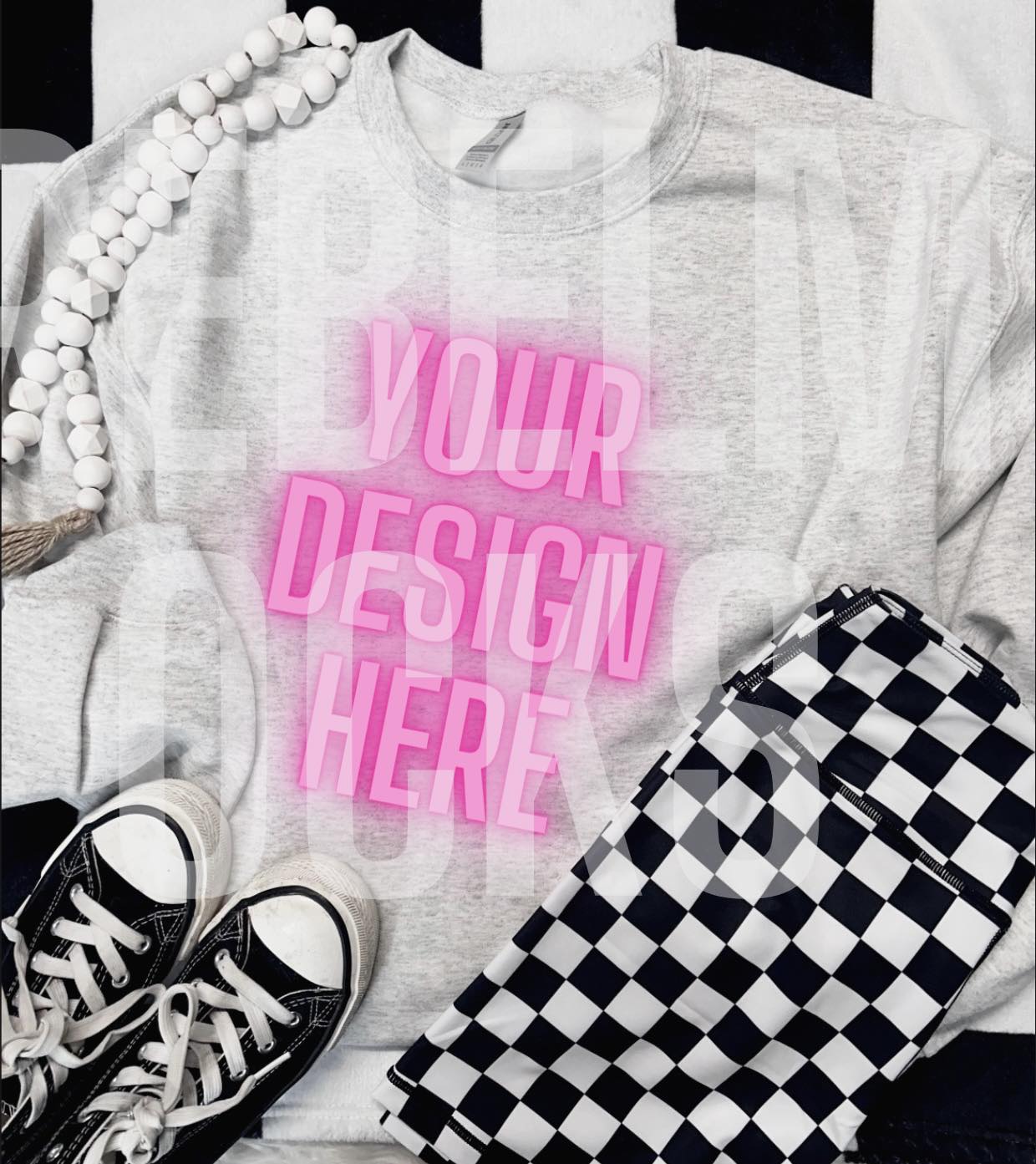 Ash Gildan Crew Neck Flat Lay Trendy Mock Up