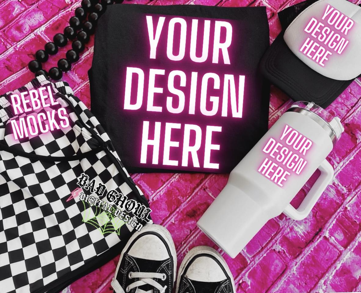 Black Flat Lay Tee Hat and Tumbler Mock Up Trendz