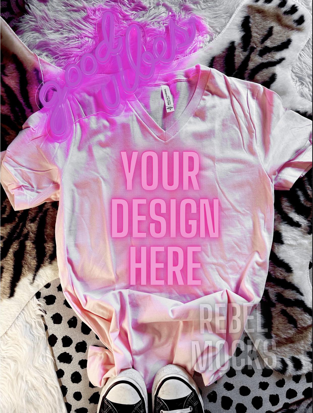 3 Mocks Bundle Bella Canvas VNeck Light Pink Alternative Mock Up flat lay